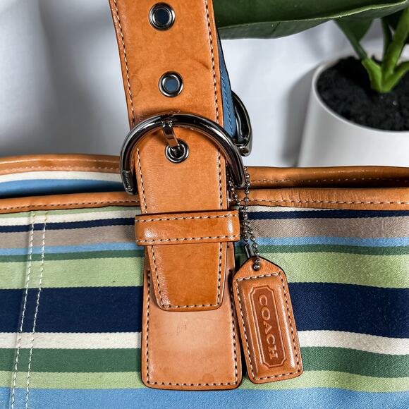 SOLD COACH Y2K 9516 Hampton Striped Canvas Mini Tote Bag Blue Green Tan Leather - Picture 5 of 11